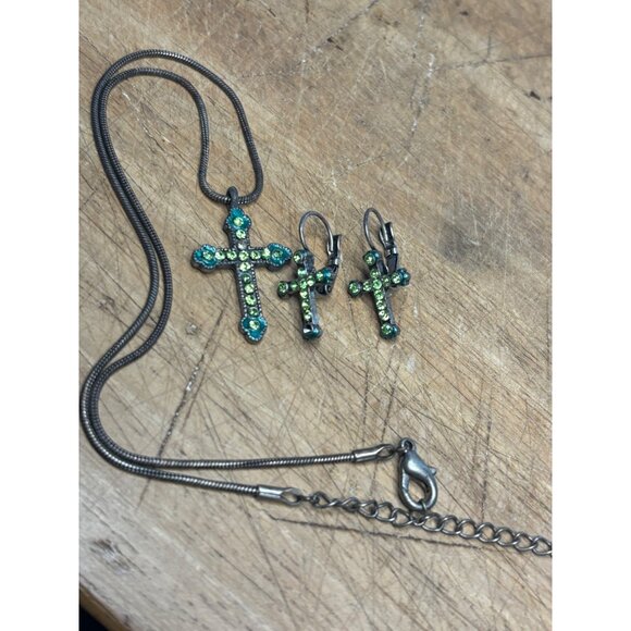 Antique-Style Cross Pendant Necklace & Earrings Set With Green Rhinestones On Me - Picture 2 of 8